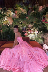 Vestido formal fruncido de corte A, color rosa, sin tirantes, largo, para fiesta, con abertura